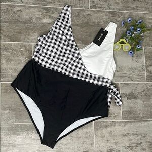 Black and White Asymmetrical One-Piece Swimsuit